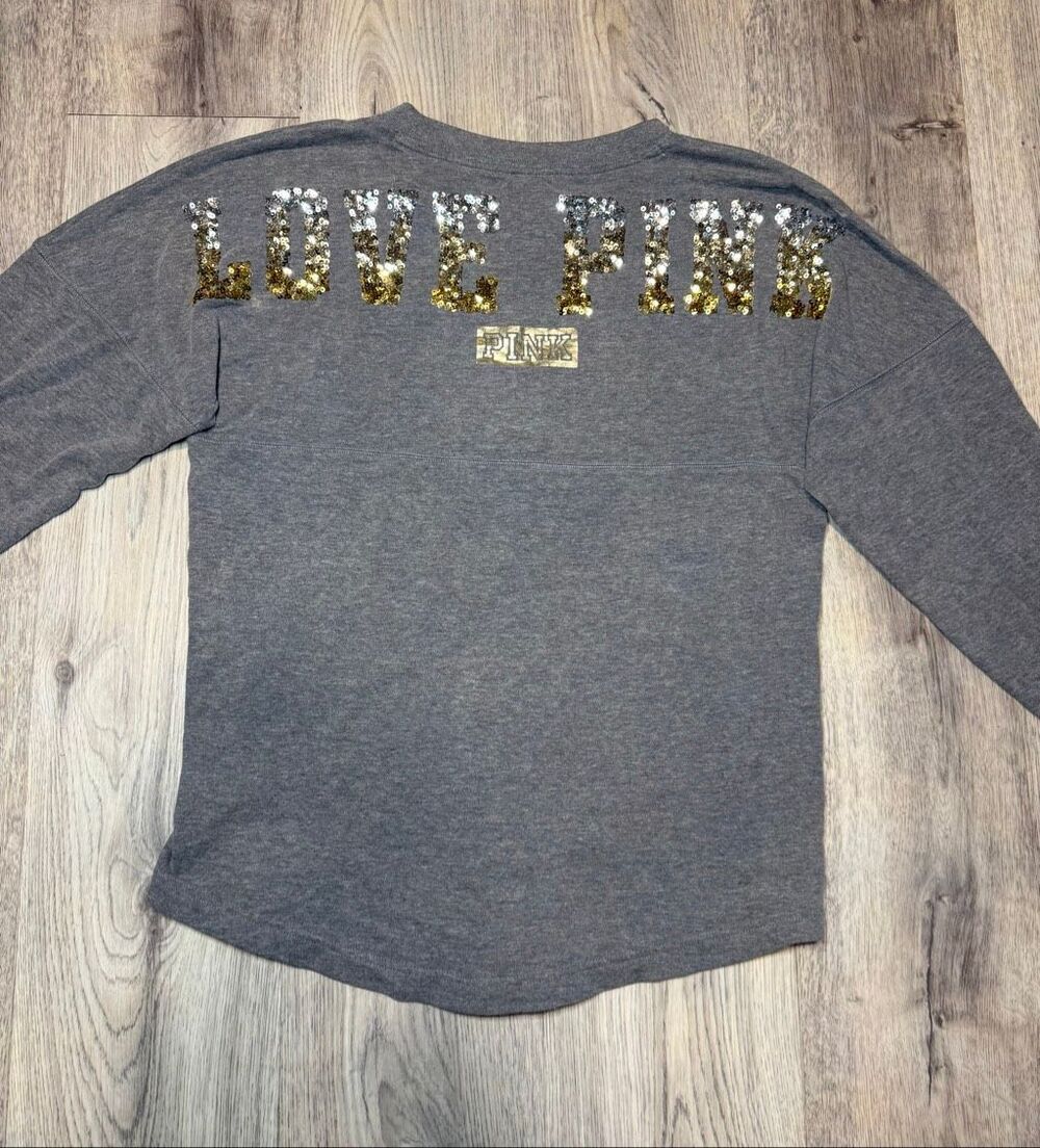 Victoria Secret Love Pink Sequin Sweatshirt Silver Gold Women's Oversized SZ s